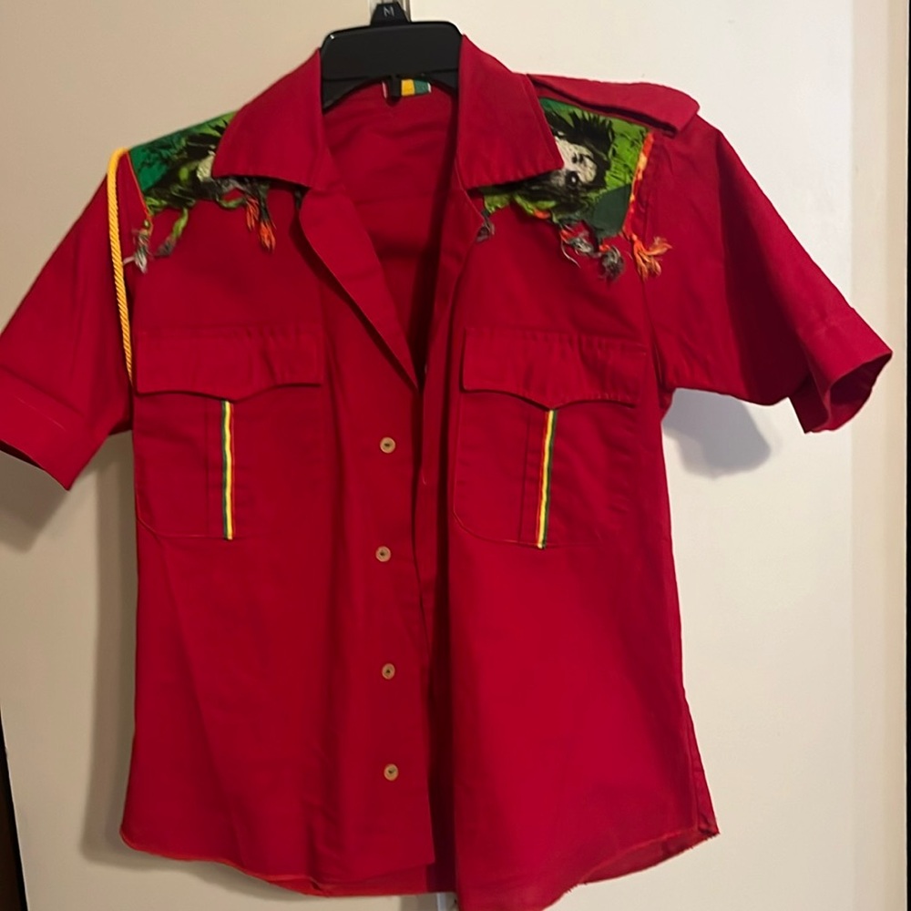 Upcycled Rasta Bob Marley button up shirt.